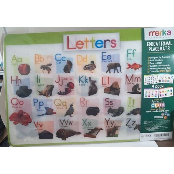 Merka Educational Placemats Letters Numbers Shapes Colors- 4 Pack - Picture 1 of 5